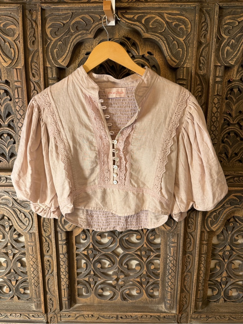 Kinga Csilla Boho Lace-Trim Puff Sleeve Cropped Blouse in Pale Pink